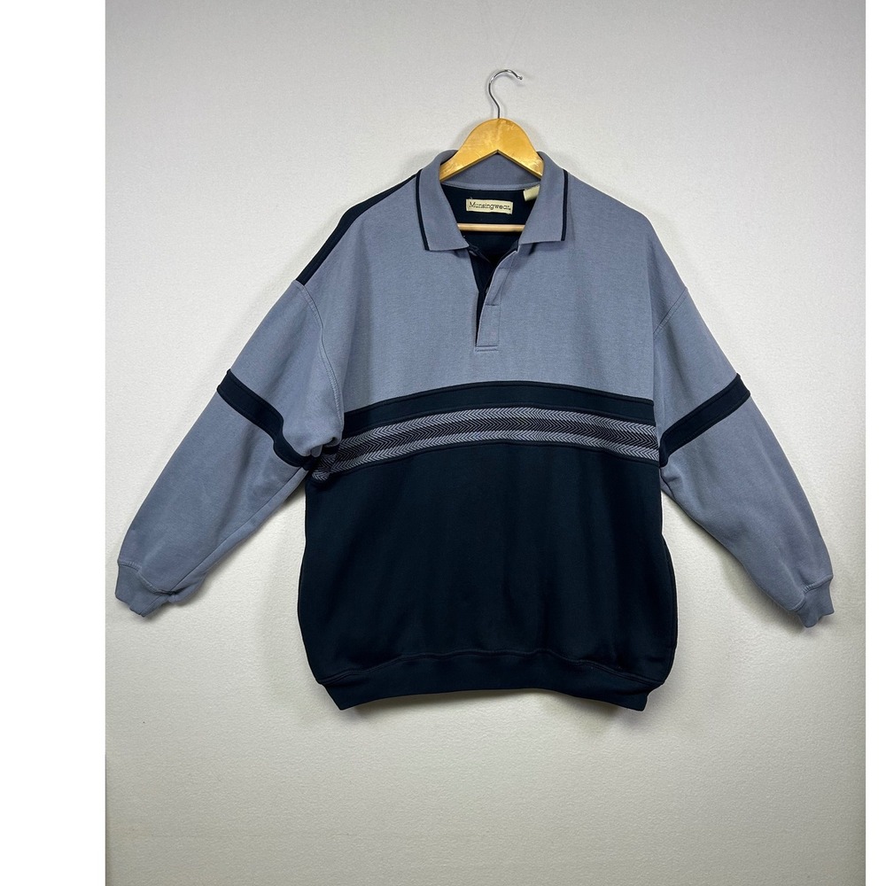 Vintage‎ Retro Munsingwear Mens XL Blue Black Colorblock Chevron Polo Sweatshirt